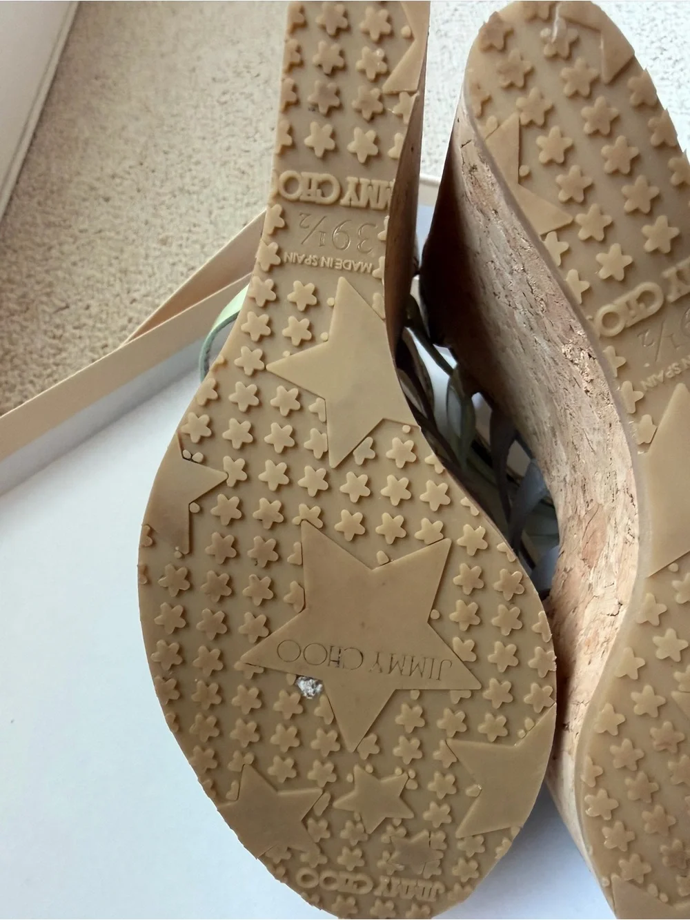 Jimmy Choo Pale Green and Gray Snake-Trim Cork Wedge Sandals
